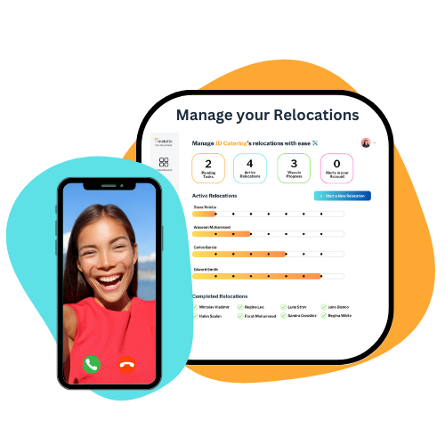 Screenshot of the Matutto for Business Relocations Dashboard accompanied by a photo of a smiling expat doing a video call